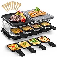 Korean BBQ Dual Raclette Table Hibachi Electric Indoor Grill 2 in 1 Non-stick Grilling Plate & Natural Marble Cooking Stone, Temperature Adjustable w/ 8 Pans and 8 Wooden Spatulas