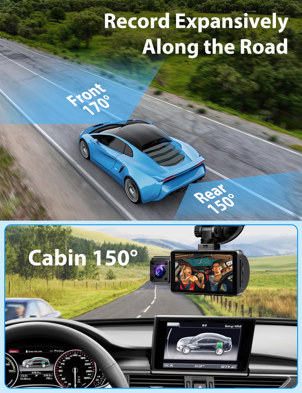 Dash Cam, 3 Channel Dash Cam Built in WiFi GPS, 2K+1080P Dash Camera Front and Inside, 1080P+1080P+1080P Triple Dash Cam Front and Rear Inside with 32GB SD Card, G-Sensor, 24Hr Parking, Loop Recording