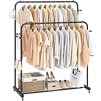 Double Rods Garment Rack with Wheels, Clothing Rack for Hanging Clothes,4 Hooks, Multi-functional Bedroom Clothes Rack, Black