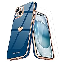 Teageo for iPhone 15 Case with Screen Protector [2 Pack] for Girl Women Cute Girly Love-Heart Luxury Gold Soft Cover Camera Protection Bumper Silicone Shockproof Phone Case for iPhone 15, Royal Blue
