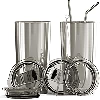 BluePeak Double Wall Vacuum Stainless Steel Insulated Tumblers Set, 2-Pack - Includes 2 Sipping Lids, 2 Spill-Proof Sliding Lids, 2 Straws, 1 Cleaning Brush & Gift Box (20 oz, Silver)