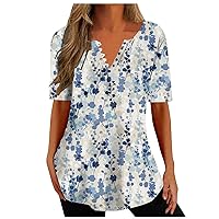 YZHM Dressy Casual Blouses for Women Short Sleeve Tops V Neck Button Down Shirts Plus Size Tunic Tops Fashion Casual Tshirts