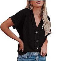 Warehouse Outlet Store Women's Solid V Neck T Shirt Loose Fit Button Casual Tops Trendy Summer Tunic Tee Waffle Loose Fit Shirts for Ladies Women Summer Tops