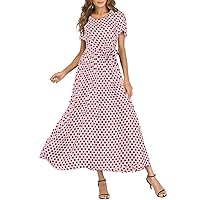 Women's Summer Floral Print V Neck Dress Casual Bohemian Flowy Long Maxi Dresses Fashion Polka Dot Swing Long Dress