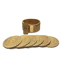 Set 6 Pcs with Holder Handwoven Rattan Coasters, Set Teacup Coaster for Table Kitchen Table, Round Wicker Coasters for Coffee Table (Natural: 3.9