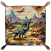 Microfiber Leather Dice Trays Holder for Dice Games Like RPG DND, Dinosaur Word Dice Holder Storage Box Portable Folding Rolling Dice Tray, 16x16cm