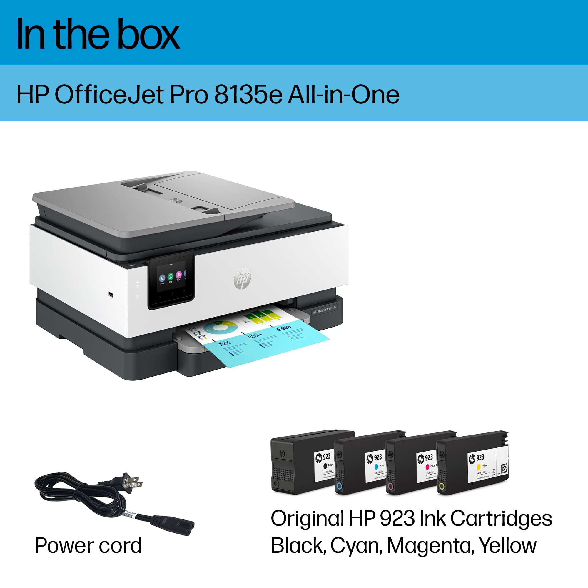 HP OfficeJet Pro 8135e Wireless All-in-One Color Inkjet Printer, Print, scan, Copy, fax, ADF, Duplex Printing Best for Home Office, 3 Months of Ink Included (40Q35A)