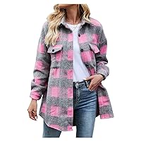 Kedera Women's Brushed Plaid Shirts Long Sleeve Flannel Lapel Button Down Pocketed Shacket Jacket Coats