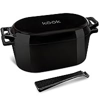 Dutch Oven for Sourdough Bread Baking, by Kook, 3.4 Qt, Loaf Pan with Lid, Bread Oven, Oval Dutch Oven, Enameled Cast Iron, for Baking Sourdough, Cooking and Roasting, Dishwasher Safe, Black