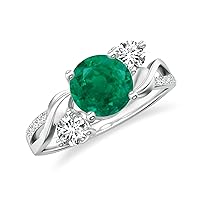 Natural Emerald Twisted Shank 3 Stone Ring for Women Girls in Sterling Silver / 14K Solid Gold/Platinum