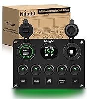 Nilight - 90125E 5 Gang Multi Function Rocker Switch Green Backlit Dual USB Charger + Digital Voltmeter +12V Outlet Pre-Wired Switch Panel with Inline Fuse for RVs Cars Boats Trucks Trailers