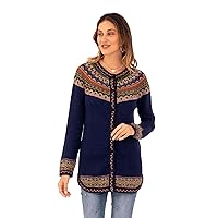 NOVICA Artisan Handmade Alpaca Cardigan Sweater Dark Blue tyle Buttondown Wool Clothing Patterned Peru Geometric 'Blue Peru'