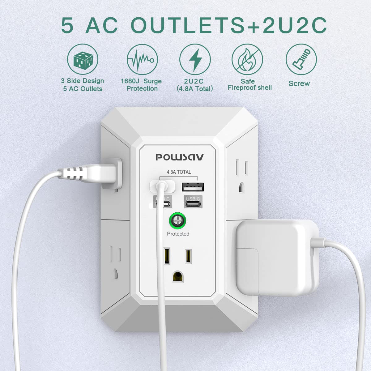Outlet Extender USB Surge Protector - 3 Sided Power Strip Multi Plug Outlets Wall Adapter Spaced with 5-Outlet Splitter and 4 USB Ports (2 USB C Ports) for Home, Office, School, ETL Listed