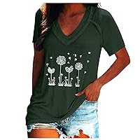 Womens Plus Size Tops,Summer Short Sleeve V Neck Shirt Trendy Printed Loose Outdoor Tees Sexy Blouse T Shirt