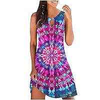 Women Summer Short Mini Dress Tie Dye Printed Sleeveless Tank Dress Keyhole Casual Loose Tshirt Dress Beach Sundress