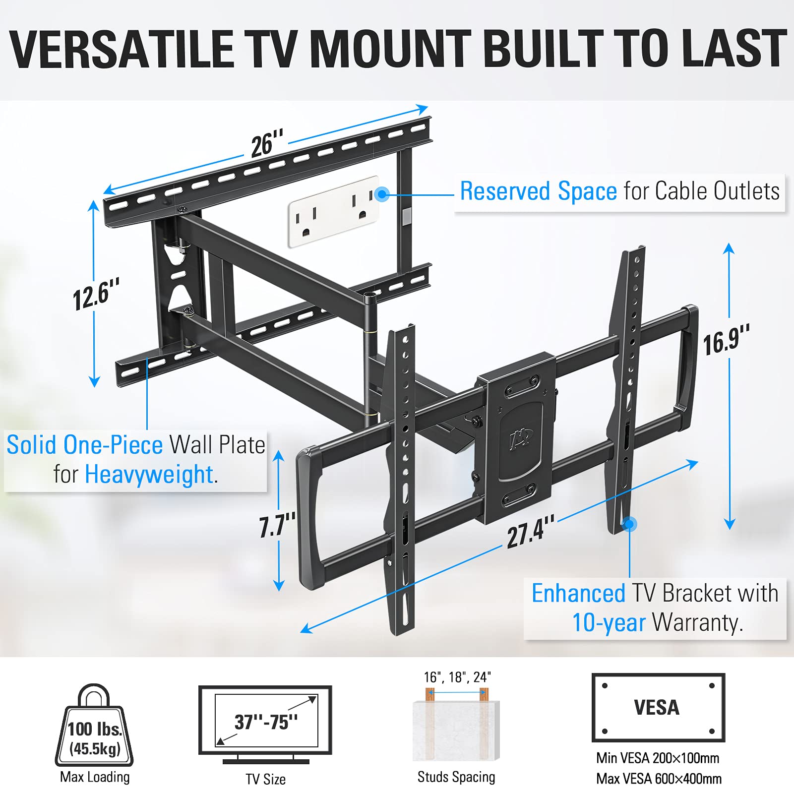 Mounting Dream Long Arm TV Wall Mount for 37-75 Inch TV, Corner TV Wall Mount with 32” Long Extension, Full Motion TV Mount Swivel & Tilt, Fits Max VESA 600x400mm,100 lbs, 16”,18”,24” Studs MD2285-LA