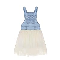 KIDSCOOL SPACE Baby Little Girl Denim Overalls,Layered Tulle Hem Jean Jumpsuit Dress