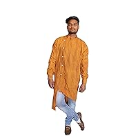Indian Men's Shirt Cotton Kurta Wedding Wear Trail Cut Tunic Strip Print Shirt Gold Color Plus Size