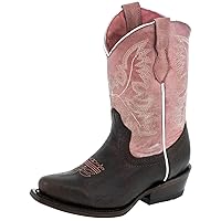 Girls Kids Pink Dark Brown Stitched Leather Cowgirl Boots Snip Toe