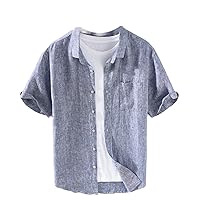 Raw Linen Men's Shirt with Pocket, Casual Youth Square Collar Linen Shirt