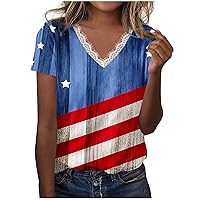 American Flag T Shirt for Women Patriotic Shirts Summer Fashion Lace Trim V Neck Blouse USA Flag Stars Stripes Tops