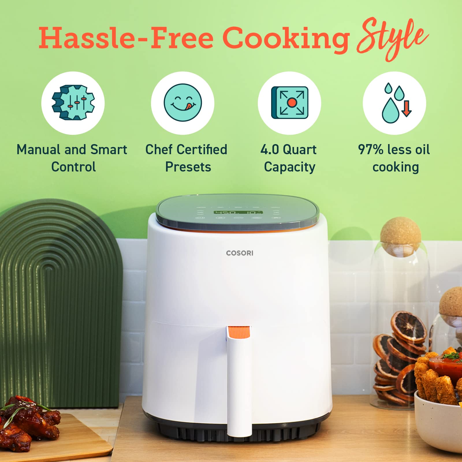 COSORI Air Fryer 4 Qt, 7 Cooking Functions Airfryer, 150+ Recipes on Free App, 97% less fat Freidora de Aire, Dishwasher-safe, Designed for 1-3 People, Lite 4.0-Quart Smart Air Fryer, White