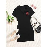 Summer Dresses for Women 2022 Letter Patched Detail Bodycon Dress Dresses for Women (Color : Black, Size : X-Small)
