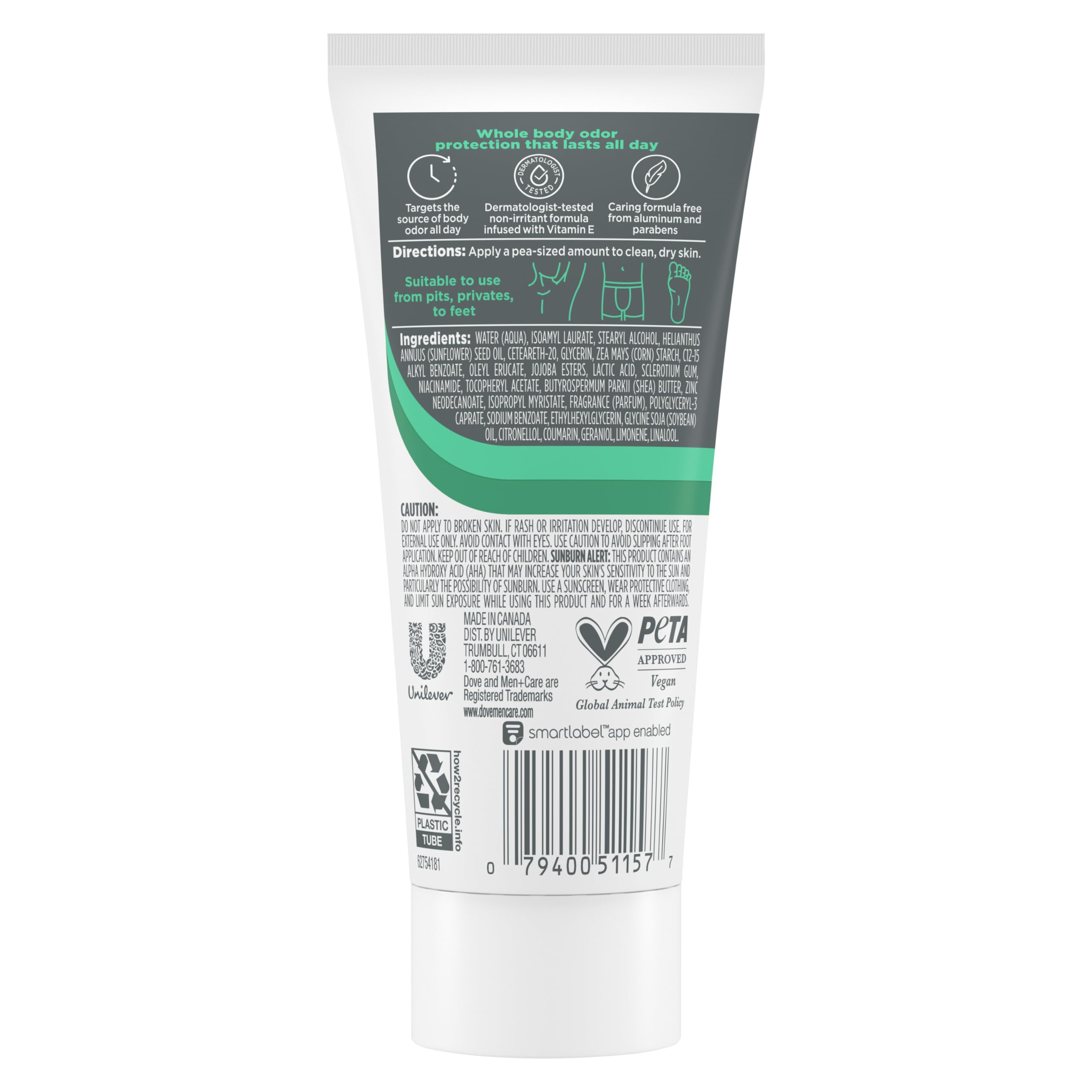 Dove Men+Care Whole Body Deo Aluminum-Free Deodorant Cream Aloe + Bamboo Suitable from Pits, Privates, to Feet 2.5 fl oz