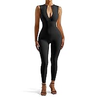 SUUKSESS Women Ribbed Seamless One Piece Jumpsuits Zip Up Sexy Bodycon Romper