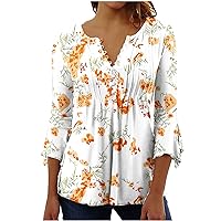 Ceboyel Womens 3/4 Bell Sleeve Summer Tops 2023 Floral Print Casual Shirt Pleated Flowy Blouses Dressy Trendy Ladies Clothing