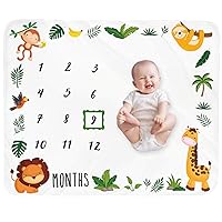 Baby Monthly Milestone Blanket Boy - Jungle Animals Neutral Newborn Month Blanket for Boy & Girl Personalized Shower Gift Safari Nursery Decor Photography Background Prop with Frame Large 51''x40''