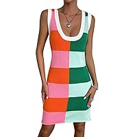 Women's Round Neck Sleeveless Color Block Knitted Midi Dress
