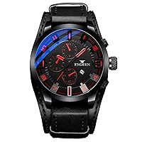 Punk Military Leather Watches: Analog Quartz Arabic Numerals Scale Calendar Display Stopwatch Chronograph - Men's Watch Red Dial Black Strap