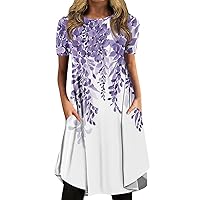 Milkmaid Dress Women Casual Sundress Solid Color/Print Round Neck Pullover Mini Dress Loose Short Sleeve Dress Purple Medium