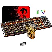 Wireless Gaming Keyboard and Mouse,Rechargeable Orange Backlit Keyboard Mouse with 3800mAh Battery,Mechanical Feel Gaming Keyboard,7 Color Gaming Mute Mouse,Gaming Mouse Pad for PC Gamer