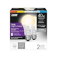 Feit Electric A19 LED Light Bulb, 40W Equivalent, Dimmable, Color Selectable 6-Way, E26 Medium Base, 90 CRI, 450 Lumens, Damp Rated Standard Bulb, 22 Year Lifetime, OM40DM/6WYCA/2, 2 Pack