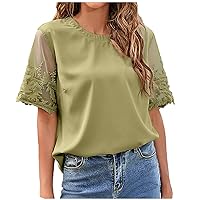 Women Lace Flower Sheer Short Sleeve Chiffon Tops Summer Crewneck Fashion Dressy Casual Loose Comdy Plain T-Shirts