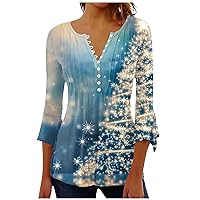 Basic Tops for Women Comfort Wide Sleeve Three Quarter Sleeve V-Neck Printing Button Front Womens Tops Casual