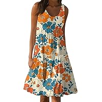 Floral Dress for Women Sleeveless Creneck Midi Dresses Plus Size Knee Length Summer Dresses Casual Beach Dresses