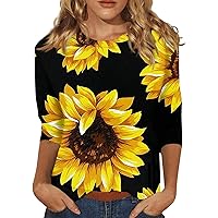 Ladies Tops and Blouses, Women's Loose Casual Floral Print Round Neck Three-Quarter Sleeves
