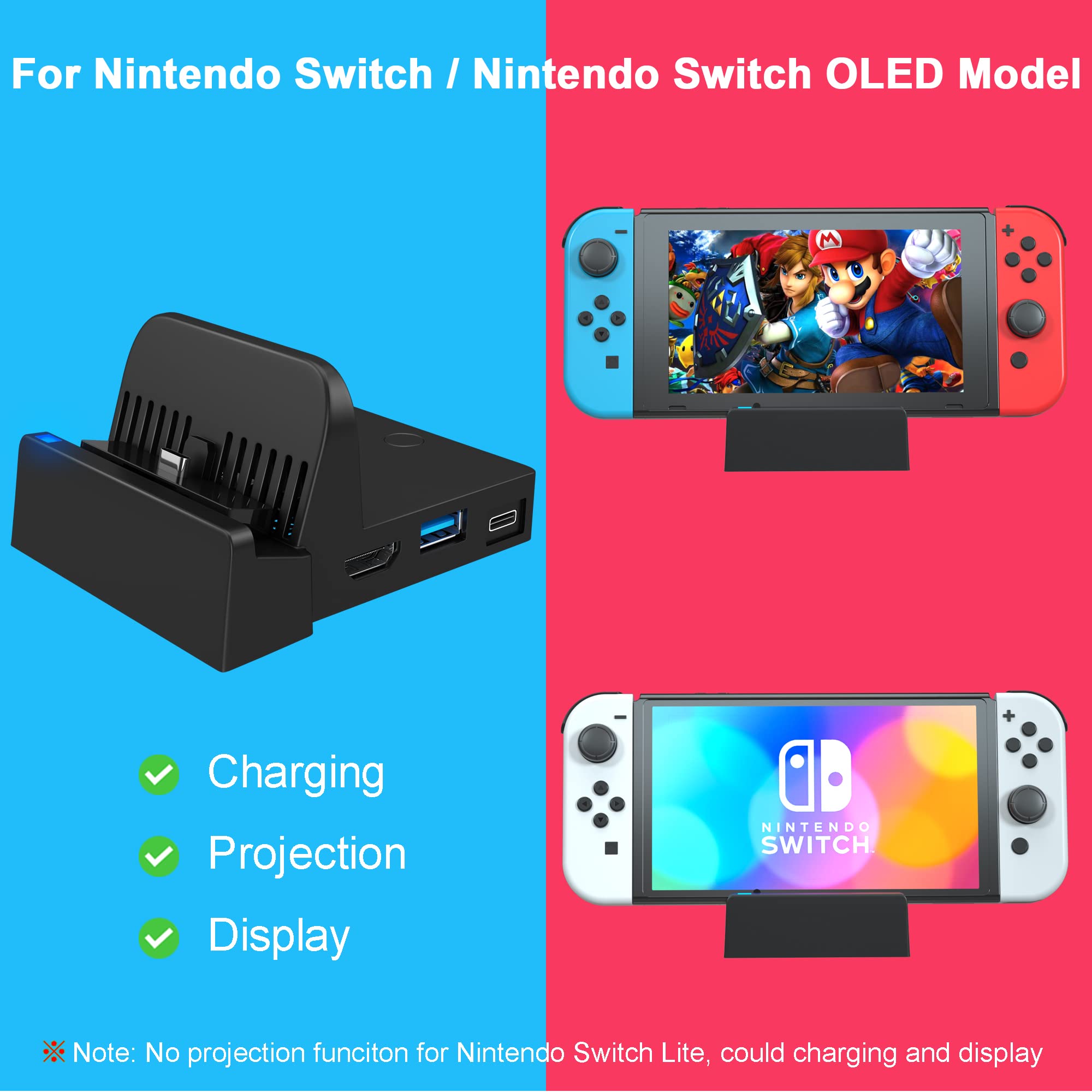 TV Dock Docking Station for Nintendo Switch/Nintendo Switch OLED Model, 4K/1080P HDMI Travel TV Adapter Portable Charging Stand, with Extra USB 3.0 Port High Speed(2023 Upgrade)