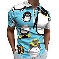 Penguins Men's Zipped Golf Polo Shirt Casual Short Sleeve Quick Dry Sports Outdoor Tennis Shirt