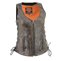Milwaukee Leather MLL4531 Women's Distress Brown Leather Open V-Neck Motorcycle Rider Vest with Side Lace