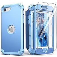 IDweel for iPhone SE 2020 Case with Screen Protector,for iPhone SE 2022 Case,3 in 1 Shock Absorption Slim Fit Heavy Duty Hard PC Cover Soft Silicone Bumper Full Body Sturdy Case,Peace Blue/Peace Blue
