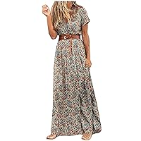 Women's V-Neck Glamorous Dress Swing Casual Loose-Fitting Summer Short Sleeve Long Floor Maxi Print Beach Flowy