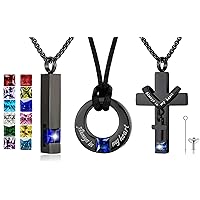 YOUFENG 3 Pieces Cremation Urn Necklaces for Ashes Keepsake Cremation Jewelry Cross Round Bar Birthstone Crystal Stainless Steel Memorial Pendant for Women Men