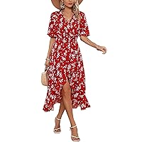 Kormei Women V Neck Short Sleeve Floral High Low Flowy Summer Beach Casual Long Maxi Dress