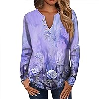 Workout Tops for Women Printing V Neck T Shirts Long Sleeve Button Down Pullover Tops Casual Loose Sweatshirts