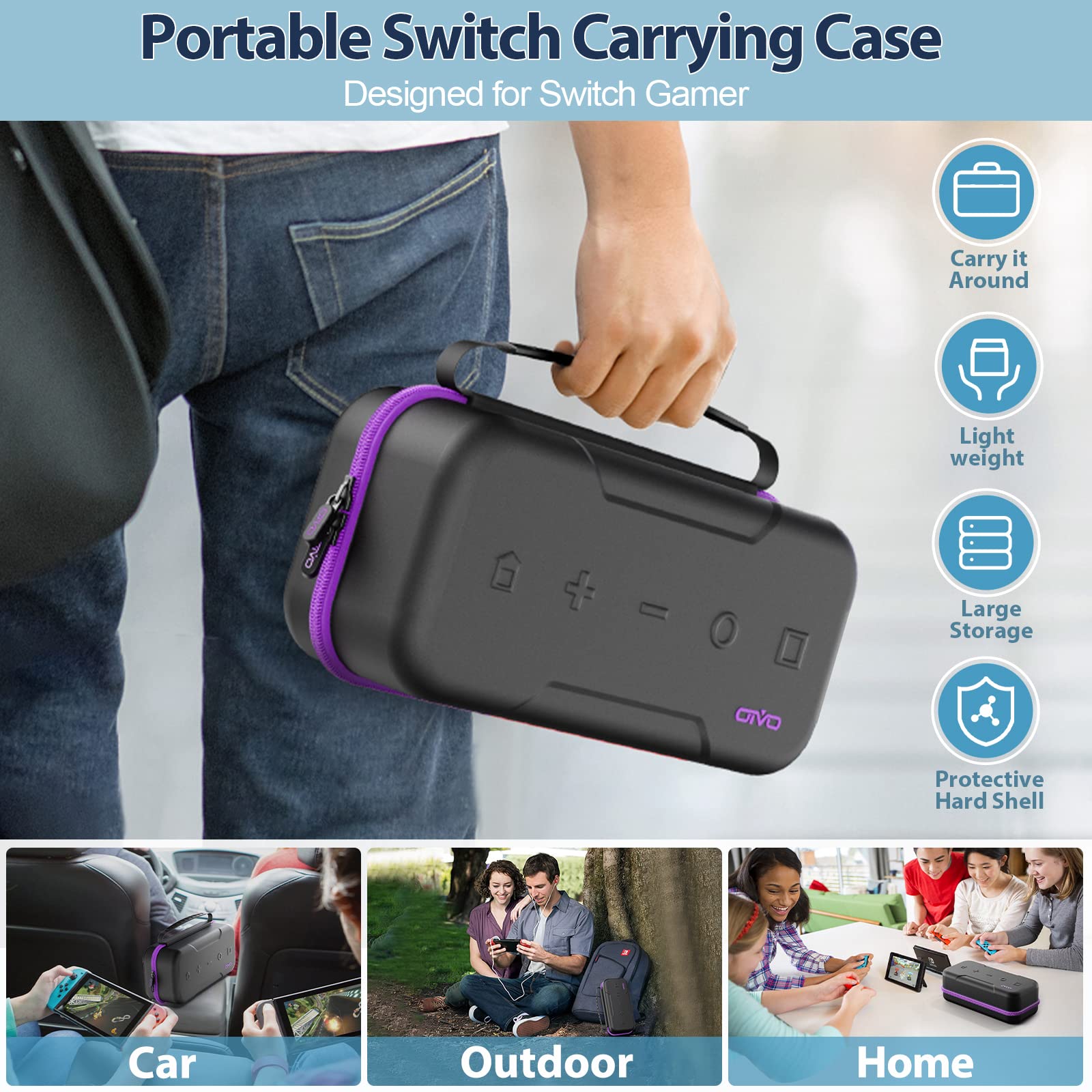 Switch OLED Carrying Case Compatible with Nintendo Switch/OLED Model, Portable Switch Travel Carry Case Fit for Joy-Con and Adapter, Hard Shell Protective Switch Pouch Case with 20 Games, Purple