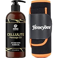 Cellulite Massage Oil and Waist Trainer - Advanced Cellulite Oil for Thighs and Body Firming with Body Toning Neoprene Sweat Shaper for Maximum Belly Reduction - Slimming Workout Essentials - XL